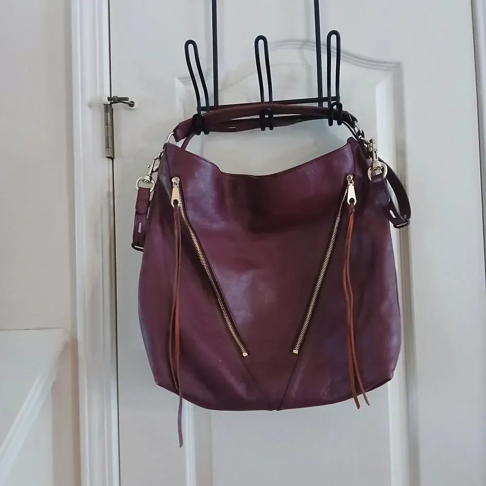 Y2K Style Rebecca Minkoff Burgundy Leather Moto Bucket Tote Hobo Bag Indie Boho